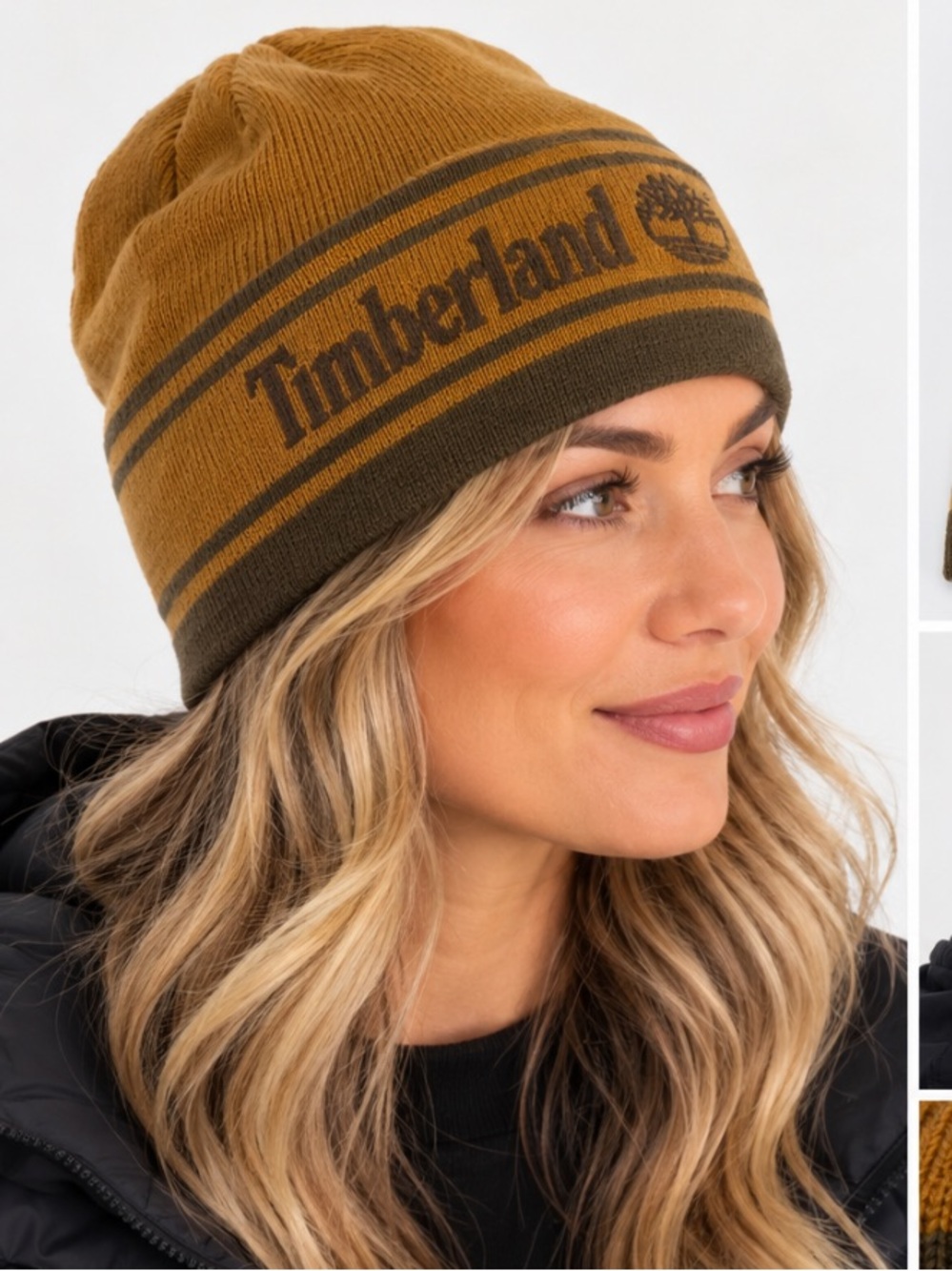 Timberland Logo Knit Beanie Wheat Brown Striped Winter Hat One Size